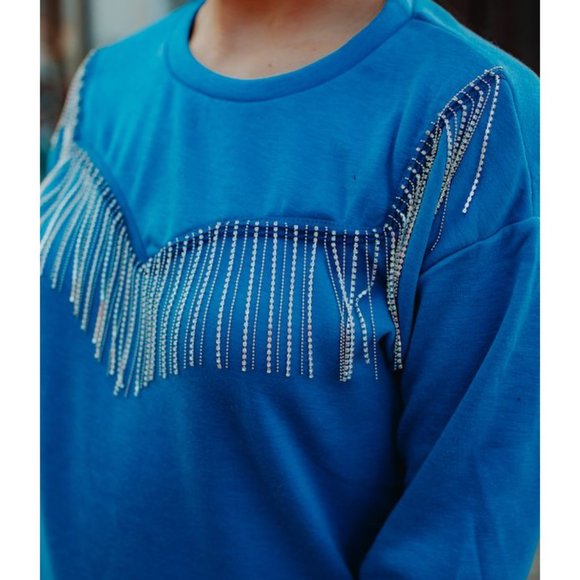rhinestone Fringe blue sweater by crazytrain NWT - Picture 3 of 3